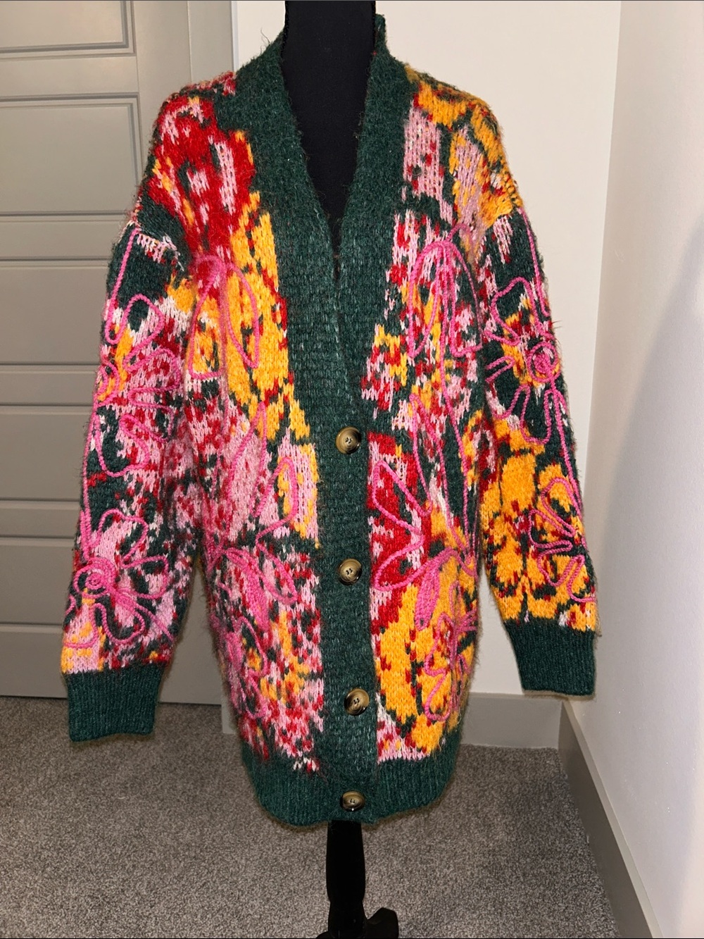 Free People Embroidered Green Cardigan with Pink and Yellow Floral Knit